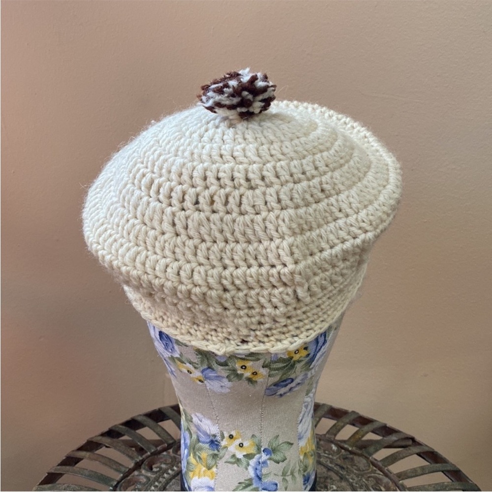 VTG Handmade Handknit Knitted Crochet Beret Pom - Picture 4 of 8